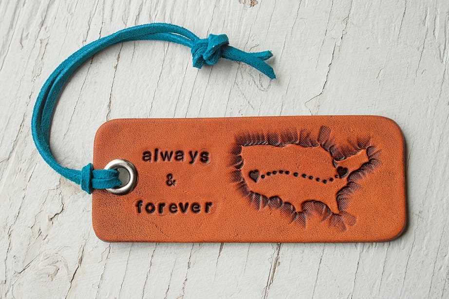 Long distance love - personalized travel Luggage tag - Hearts or Stars on two locations - and country or countries - key ring or suede cord
