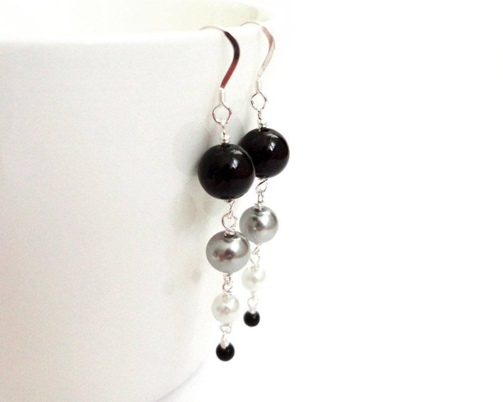 Dangle silver earrings black white grey glass graduated elegant minimalist