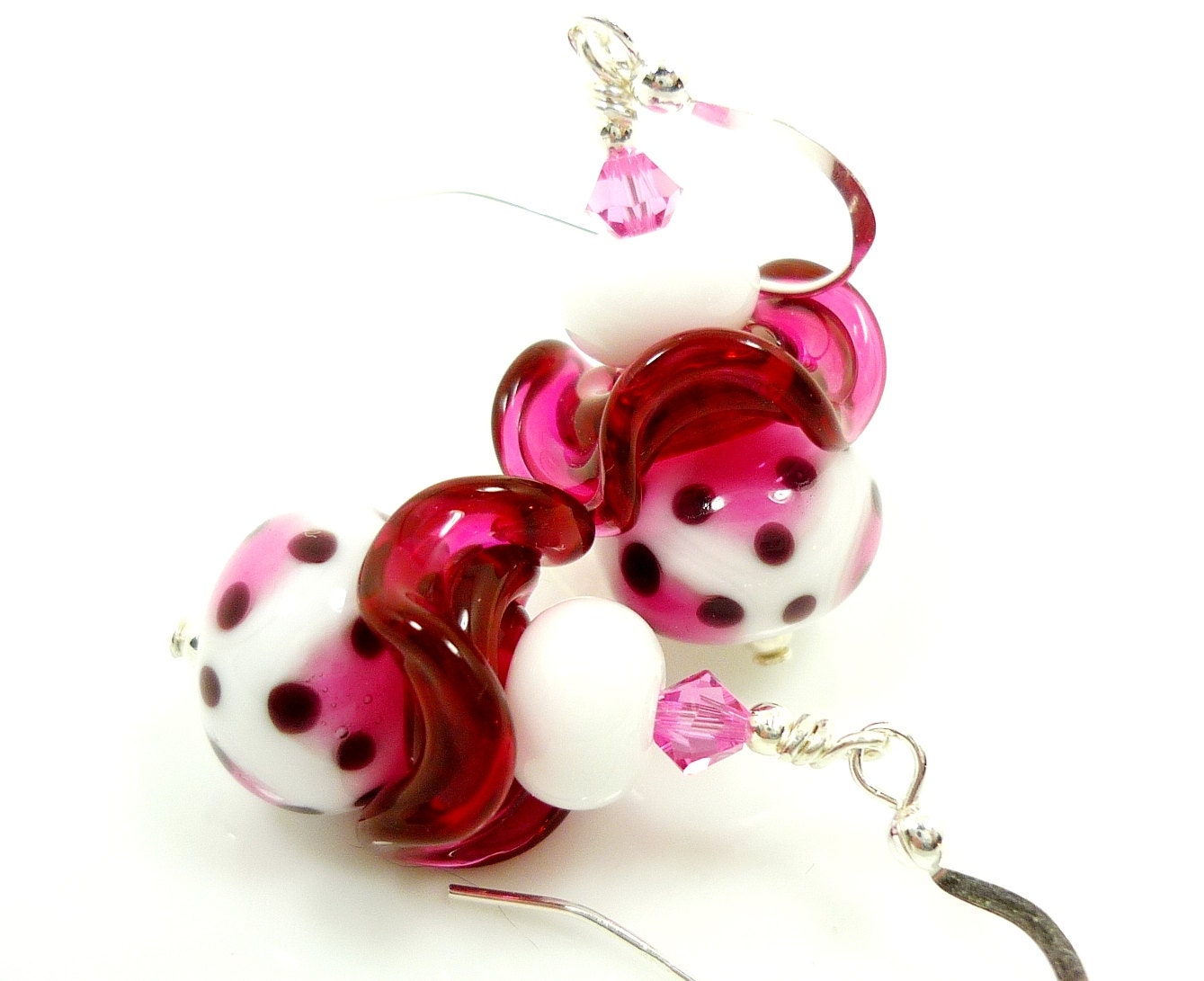 Pink White Earrings, Polka Dot Earrings, Lampwork Earrings, Glass Earrings, Glass Bead Earrings, Beaded Earrings, Beadwork Earrings