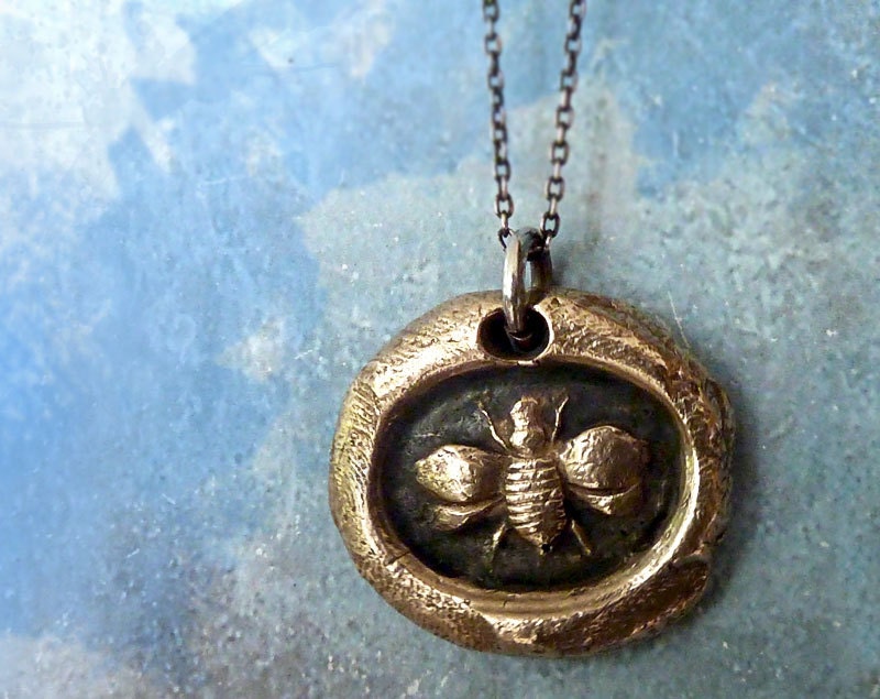 To Bee or Not to Bee Wax Seal Necklace. Recycled Bronze Pendant. Sterling Silver Chain. Wax Seal Jewelry