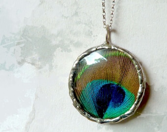 Peacock Feather Glass Silver Soldered Pendant Necklace. Hand Made Boho Jewelry. Sterling Silver Chain.