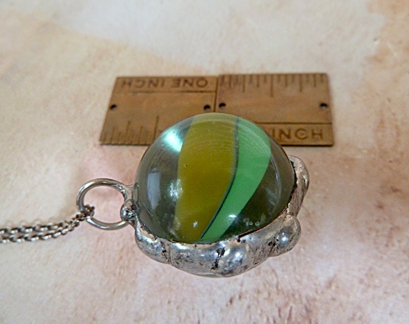 Magical Orb of Gypsy Curse Removal Necklace. Vintage Large Glass Marble. Oxidized Sterling SIlver