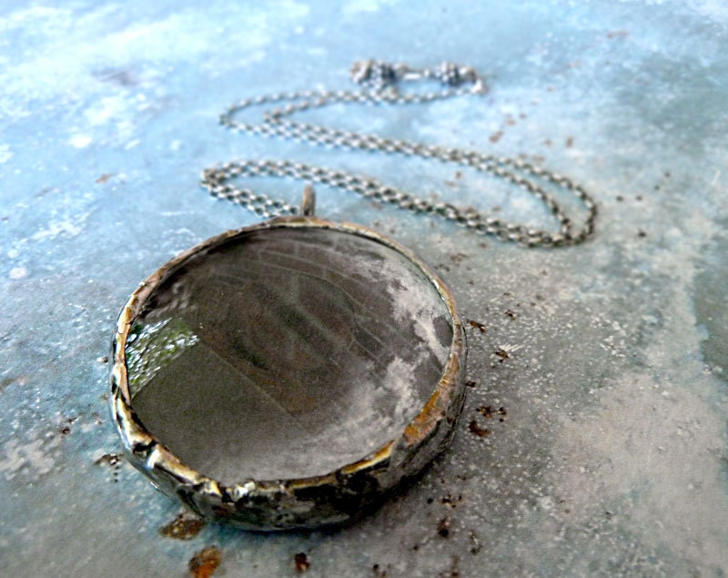 Full Moon Necklace. Oxidized Sterling Silver Chain. Double Sided Small Glass Lens. Moon Jewelry