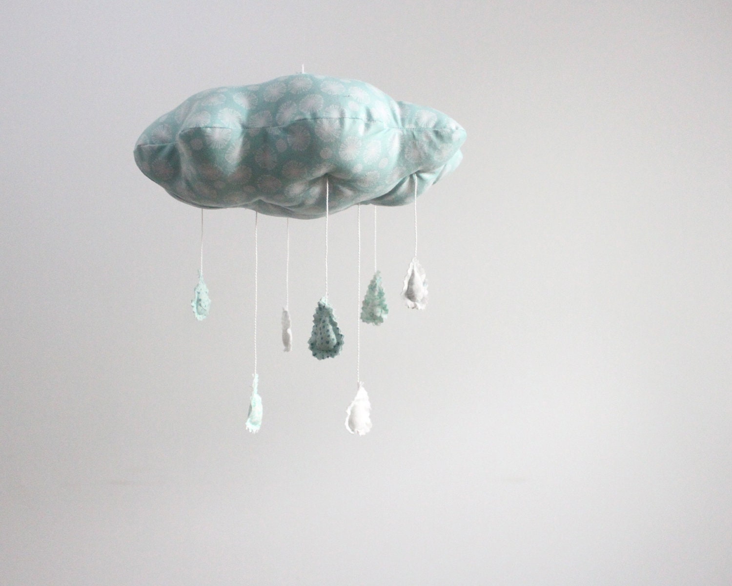Ice Storm Cloud Mobile - minimalist fabric sculpture for baby nursery decor in silver grey, ice blue, mint green and white