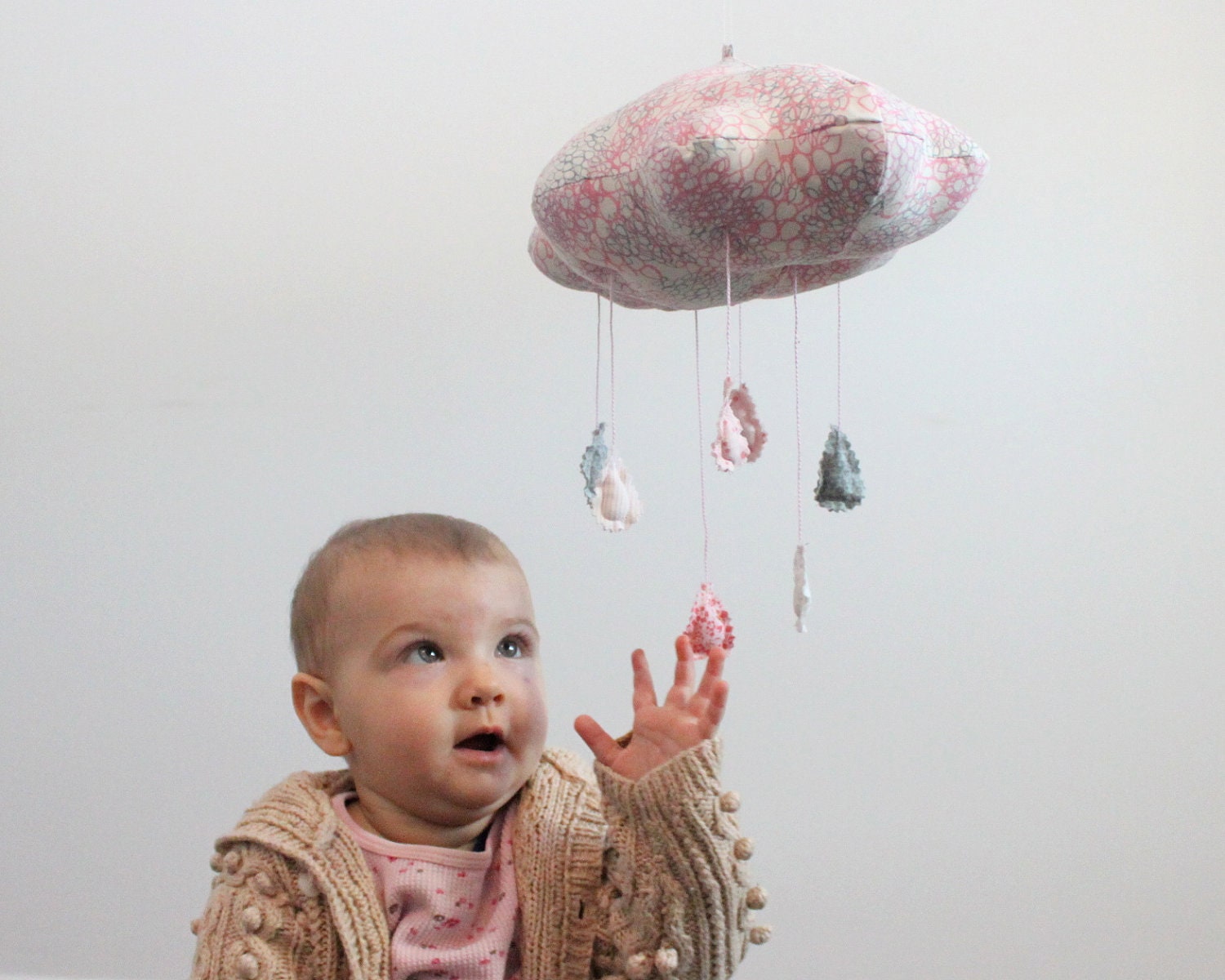 Pink Cloud Mobile - fabric sculpture for child nursery decor in silver gray, snow white, blush pink, and rose