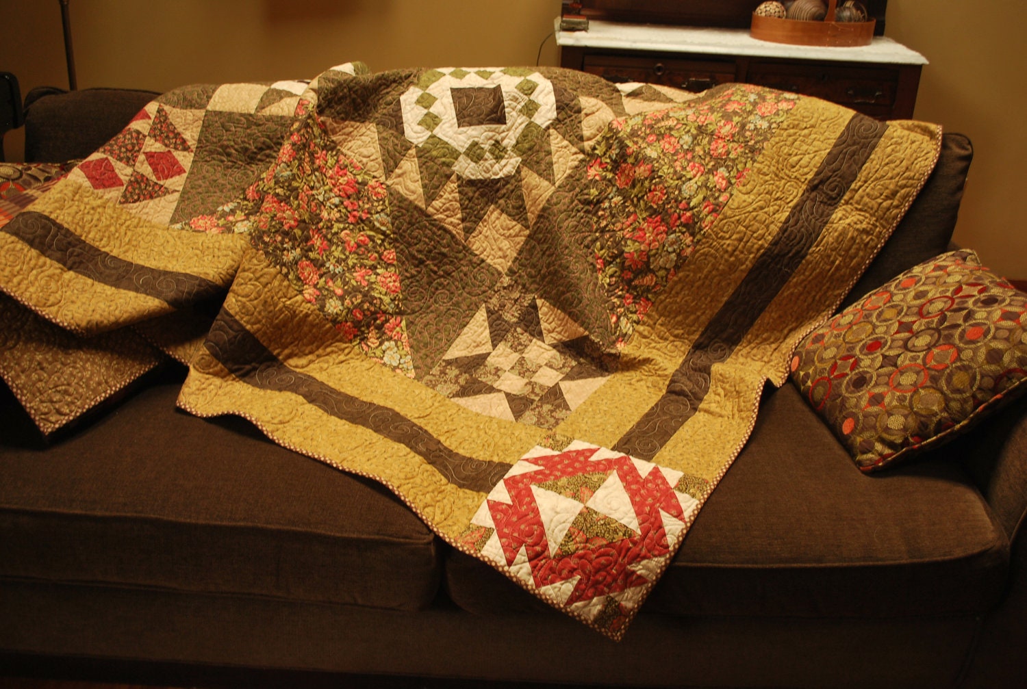 Queen or Double Sampler quilt in earthy tones 86" X 87"