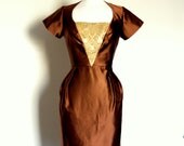 Coffee Brown Silk and Honey Gold Damask Wiggle Dress- Made by Dig For Victory
