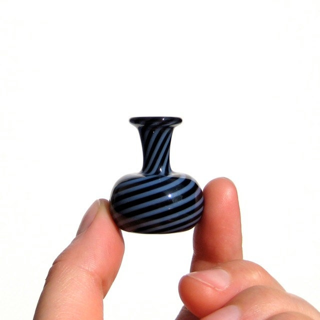 Miniature Vase in Black and Periwinkle Stripes, Hand Blown Glass