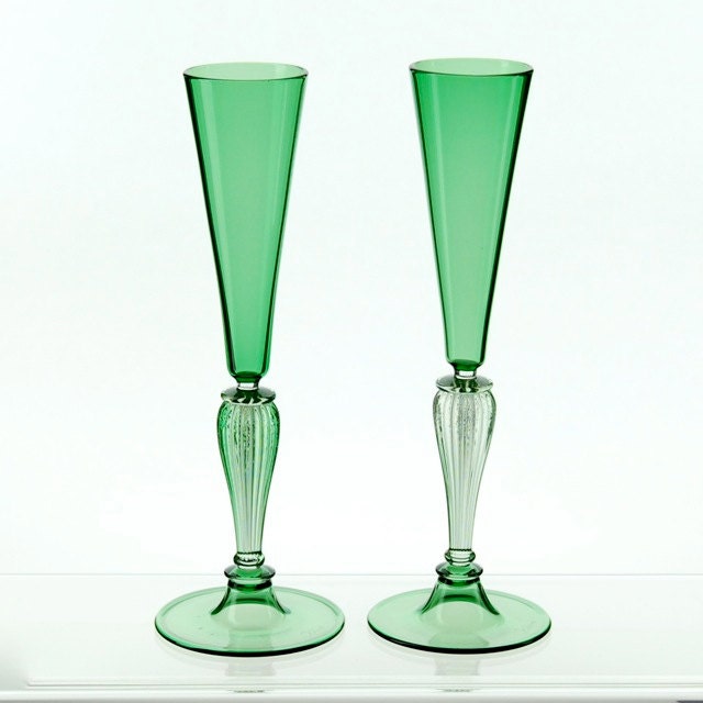 Hand blown glass champagne toasting flutes, green glasses