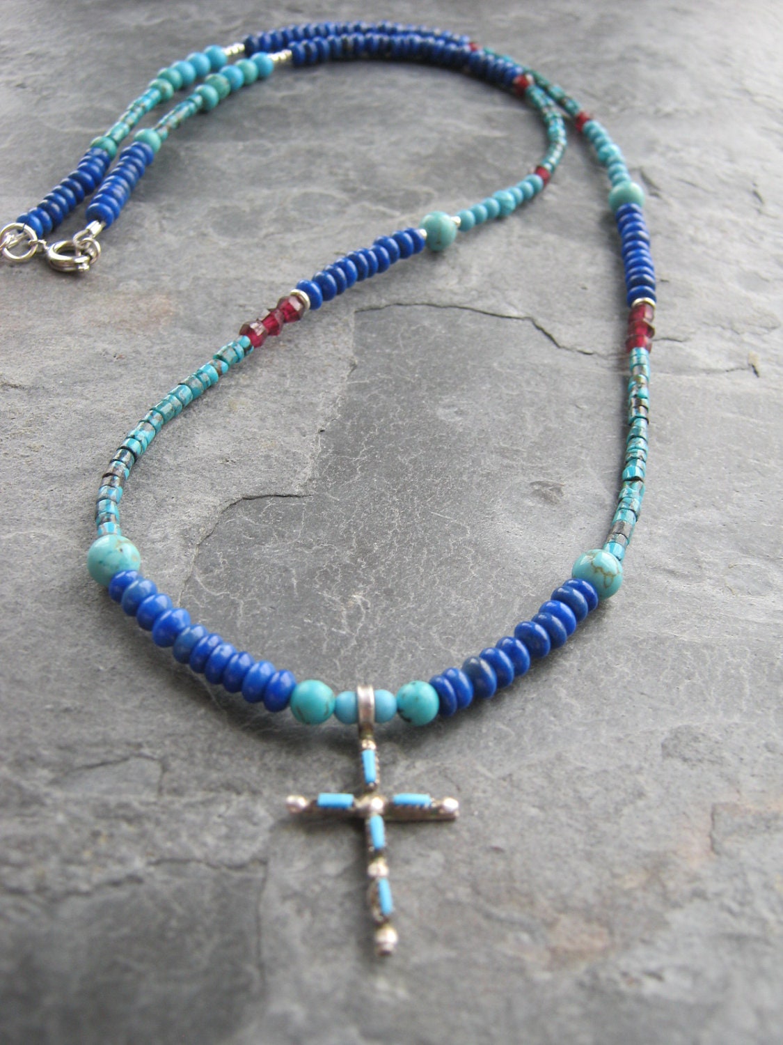 Turquoise Cross Necklace with Lapis and Garnets