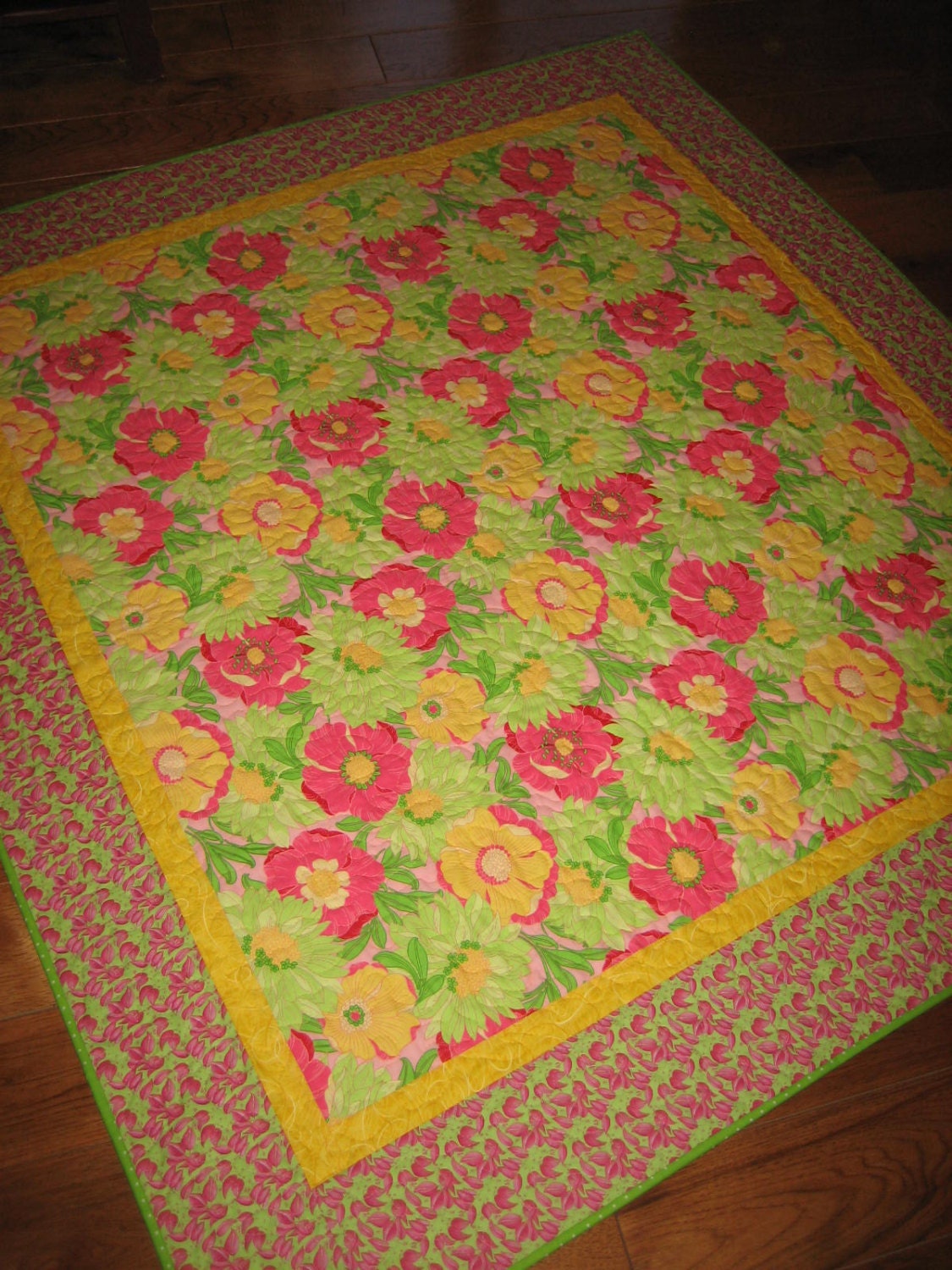Lap Quilt Bright Melon Yellow Lime Green and Pink