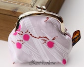 Silver frame pale grey coin purse pink flowers white stripes