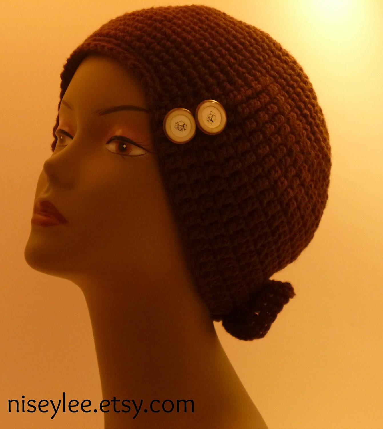 Autumn Hat  Collection -Crochet 1920s Flapper Style Cloche Dark Brown with Buttons and a Bow