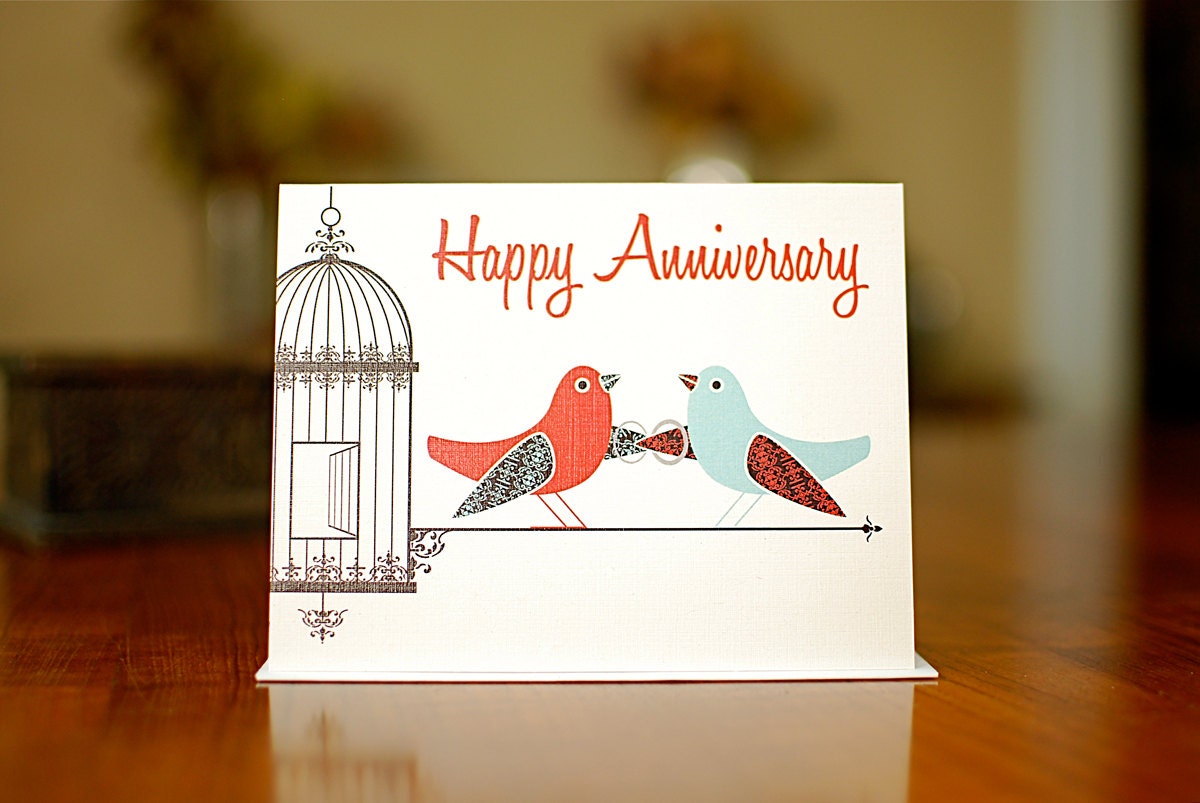 Orange and Aqua Love Birds Happy Anniversary Card on 100% Recycled Paper