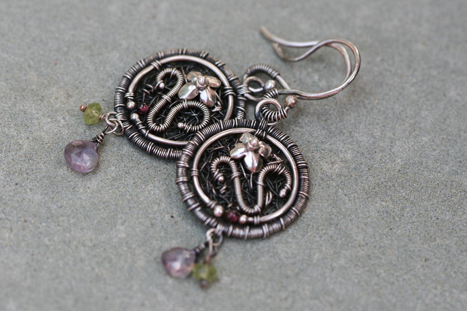 Flourishes- Sterling Silver earrings-Handembroidery,Spring,Flower,Net,Sterling Silver,Delicate,Feinine,Rustic