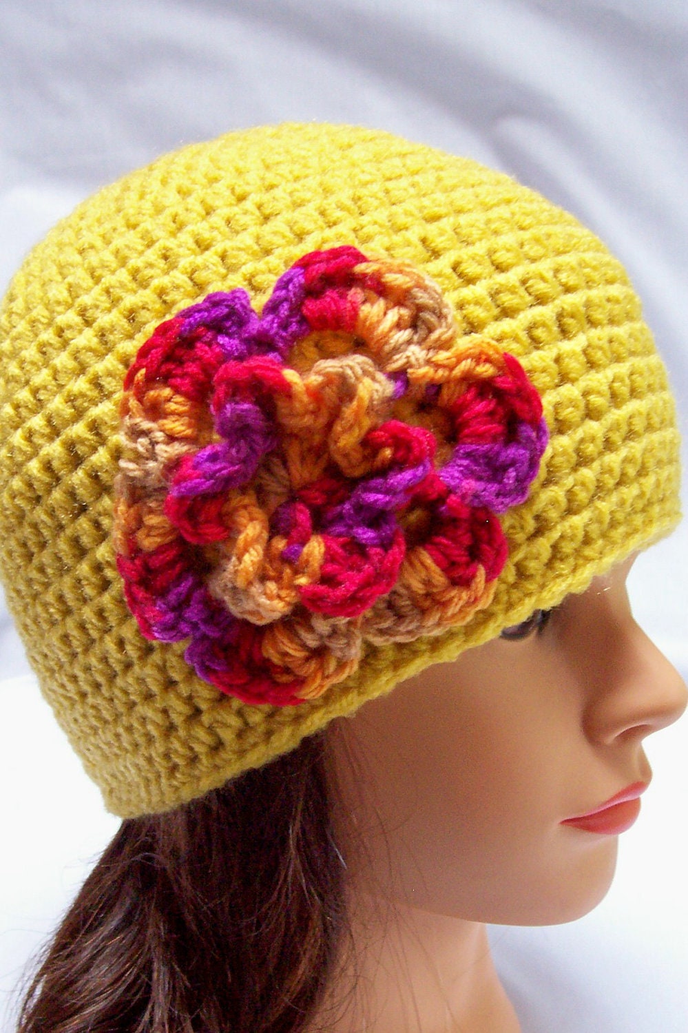 ladies crocheted hat womens hat girls crochet hat beanie cloche mustard yellow multi flower adult 6496