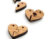 Wood Puzzle Heart Beads - Six Pieces Laser Cut from Sustainable Harvest Wisconsin Wood . Timber Green Woods