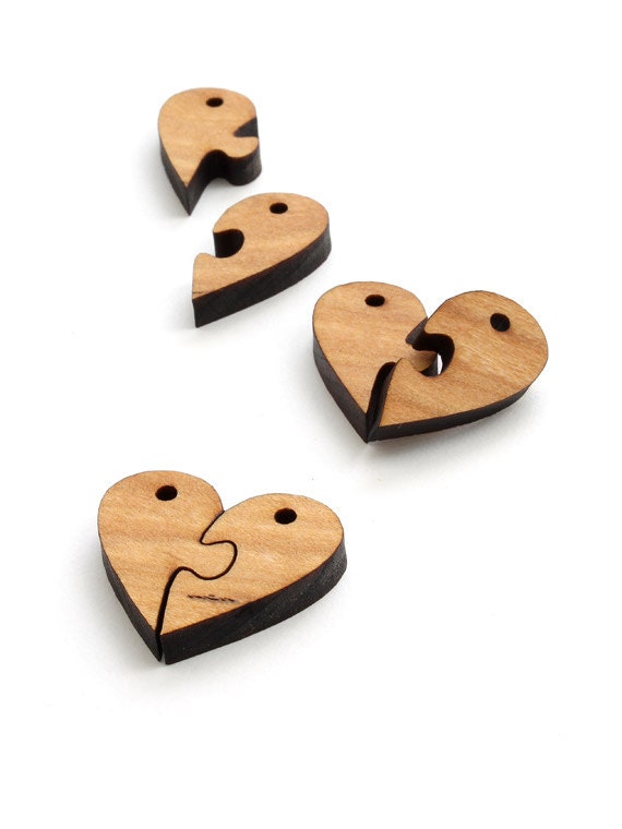 Wood Puzzle Heart Beads - Six Pieces Laser Cut from Sustainable Harvest Wisconsin Wood . Timber Green Woods