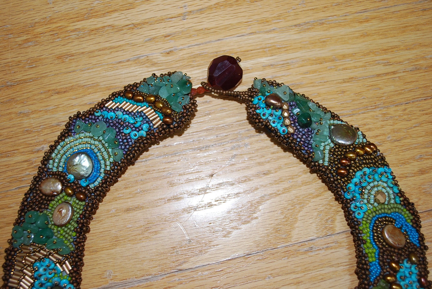 Hand embroidered Turquoise gem and bead necklace