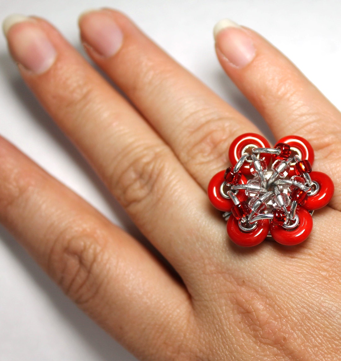 Chainmaille Ring- Glistening Bloom- Chainmaille with glass- Opaque Red/Clear