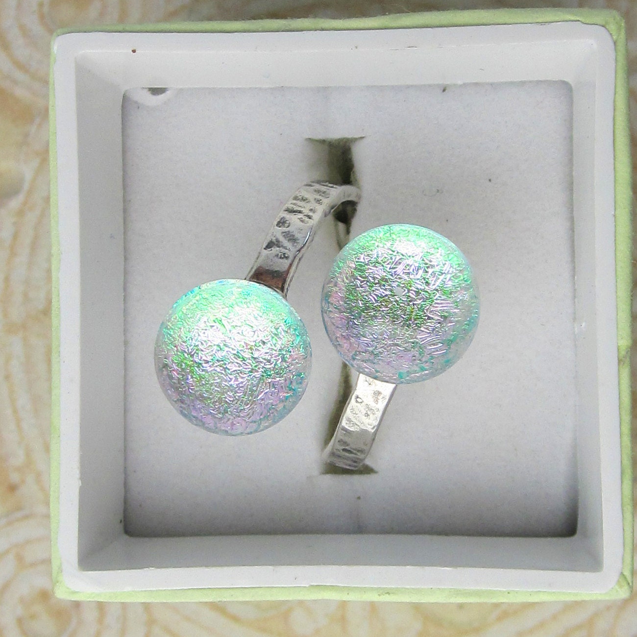 Green & Pink Dichroic Glass, Sterling Silver Adjustable Ring R-2
