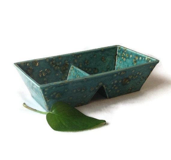 Divided Serving Bowl - Jewel Tone Teal Blue and Brown