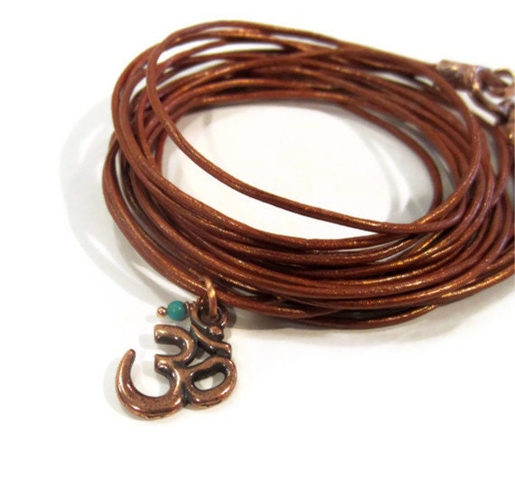 Leather Wrap Bracelet in Metallic Copper with Copper Om Charm
