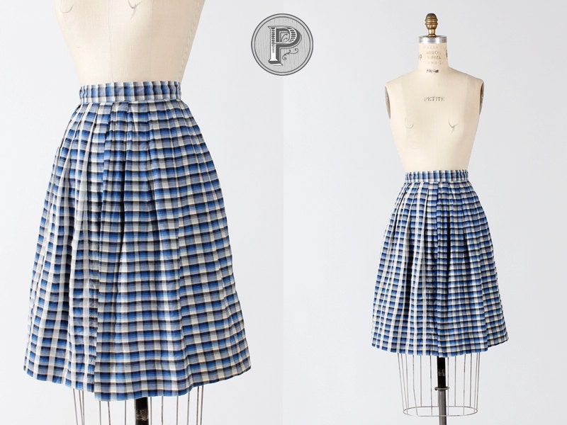 1950s skirt xsmall / 50s blue and white plaid skirt : Jump Rope
