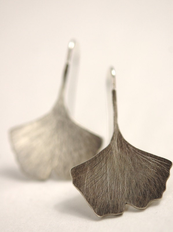 Sterling Silver Ginkgo Leaf Earrings - Etched, Oxidized and Brushed - Spring Earrings - Fine Jewelry