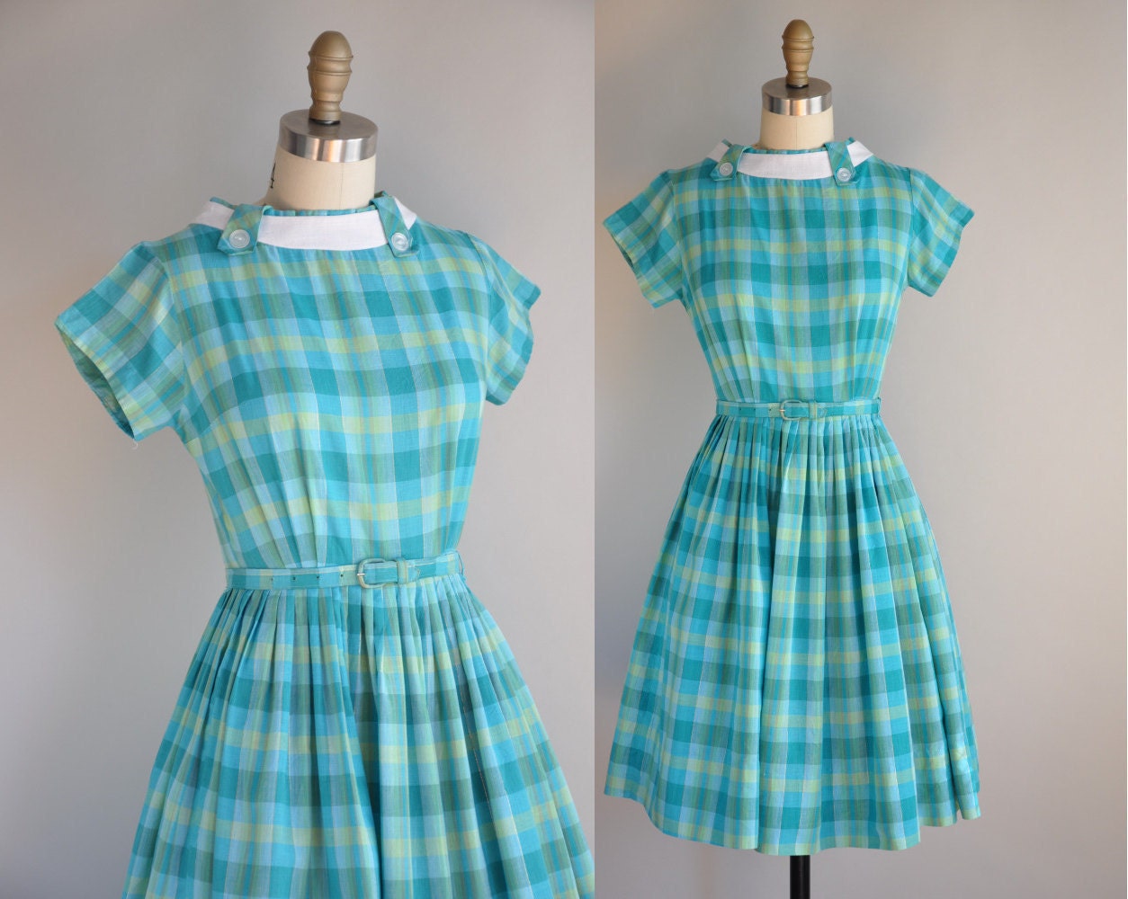 vintage 1950s dress // 50s cotton dress // green blue plaid full skirt shirt dress