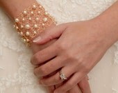 Gold Ivory Pearl Cuff Bracelet Wide Wire Mesh Lace Cuff Gold & Ivory Bridal Pearls Champagne Vanilla Cream OOAK Knit Jewelry
