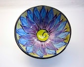 Serving Bowl Ceramic Earthenware Majolica Clay Pottery Blue Purple Lotus Bowl on Olive Green