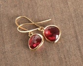 25% Off Earring Sale - Ruby Earrings - Gold Framed Ruby Pink Earrings - Simple, Sophisticated