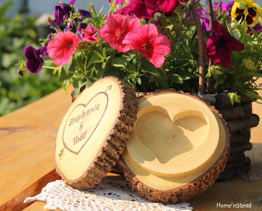 Rustic Wedding Log Ring Box/Pillow Ring Bearer Log Jewelry Box With Lid Custom Personalization