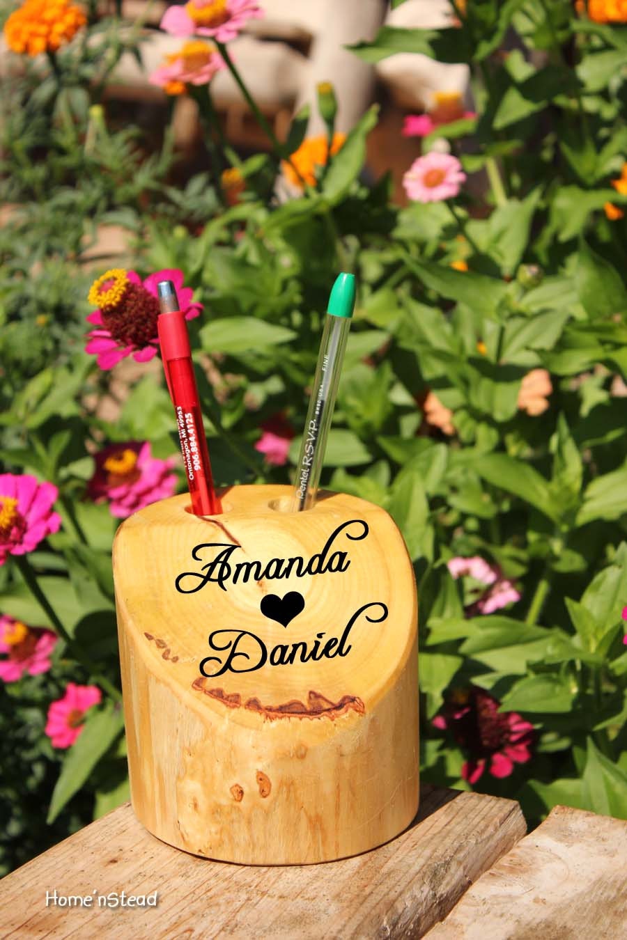 Rustic Wedding Guest Book Pen Holder Table Center Piece Heart Custom Names /Date