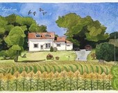 Summer Cottage watercolor print drawing illustration living room decor aquarell painting nursery decor nature woodland animals corn field