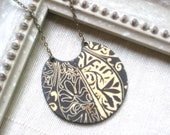 Tribal Tattoo Style Wood Pendant Necklace, Simple, Dark Wood, Floral, bib, Antique Brass chain
