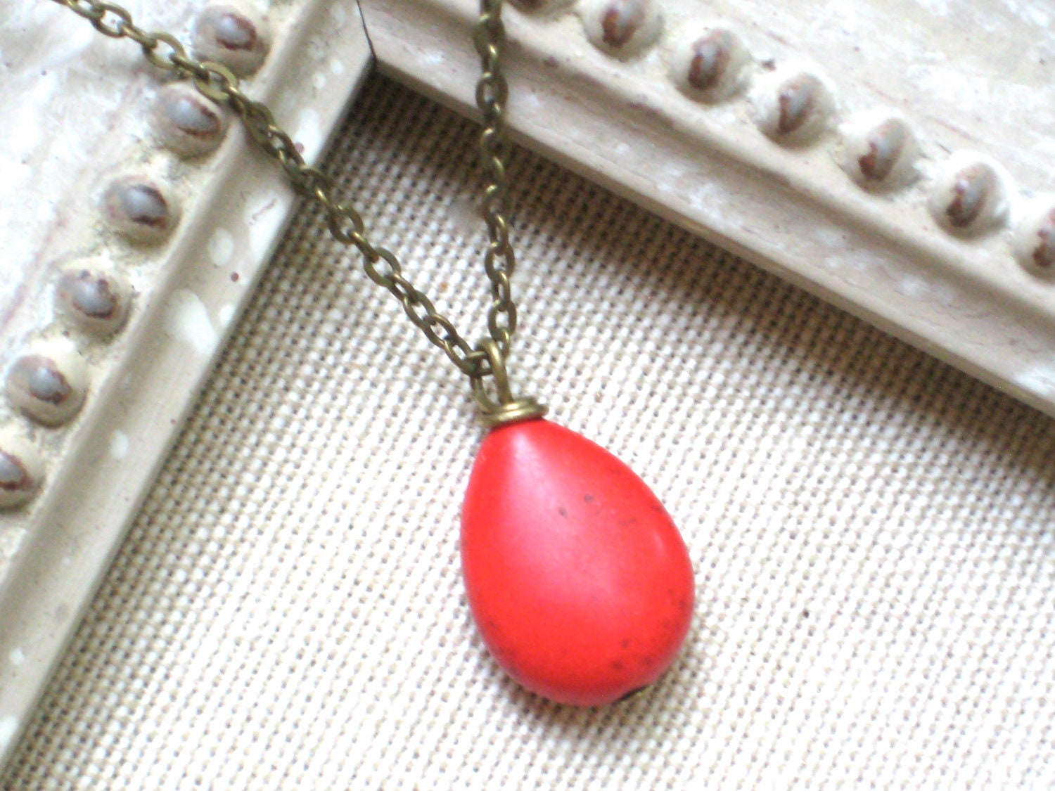 Red Stone Tear Drop Necklace, Simple Pendant on Antique Brass Chain, Everyday Layering Casual, Pretty, Bohemian