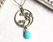 Ocean's Waves Pendant Necklace with Turquoise Drop, Charm, Antique Brass, Natural Stone, Handmade, Ingodshands