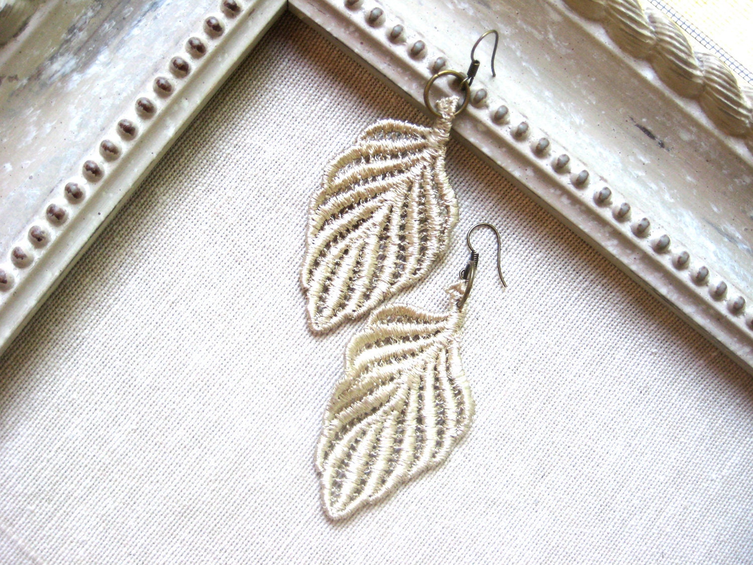 Lace Leaf Earrings in Taupe, Delicate, Romantic, Antique brass, Bohemian, Gold