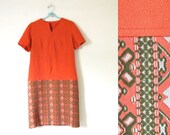 vintage 1960s Dress // Mod Shift // Orange and Olive Green Geometric Print // Drop Waist // L