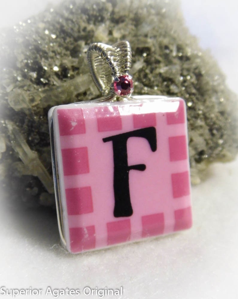 Ceramic Letter F Personalized Pink Wire Wrapped Pendant
