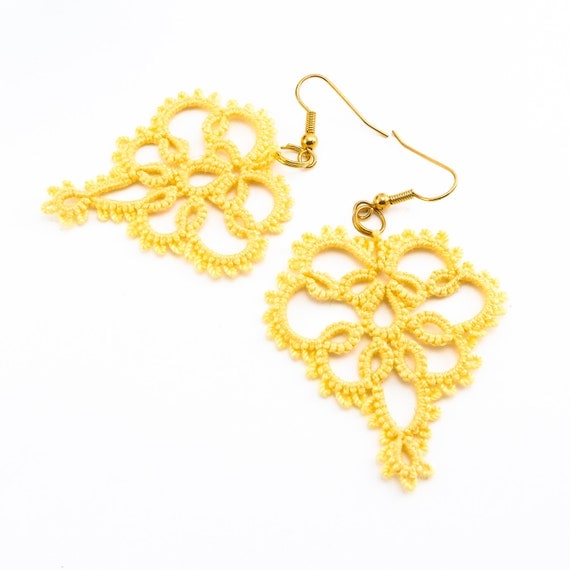 Yellow lace earrings / handmade lace jewelry