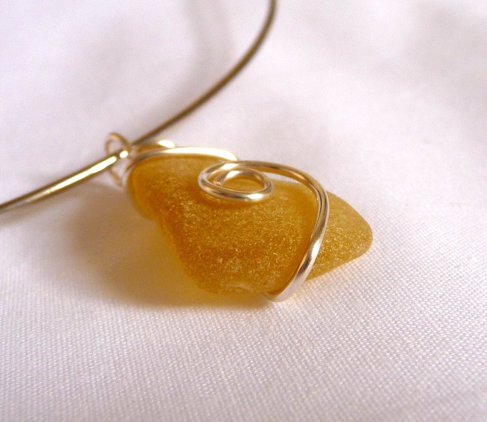 Sea glass choker, necklace, yellow, silver, handmade