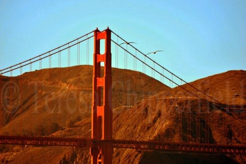 Fine Art Photography - A Bird's Eye View - Golden Gate Bridge - San Francisco - California - Rolling Hills, Red Home Decor, Blue Sky Photo