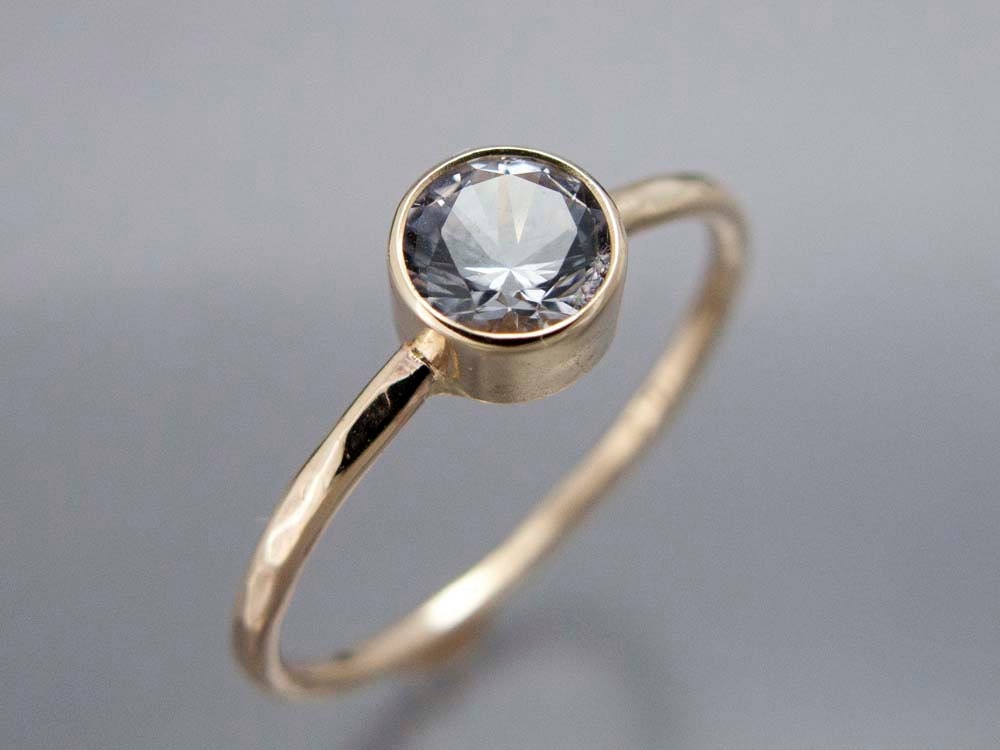 14k Gold and Moissanite Stone Engagement Ring - Thin Wedding Ring in solid yellow gold