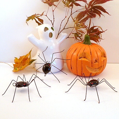 Three Medium Hanging Black Spiders Handmade