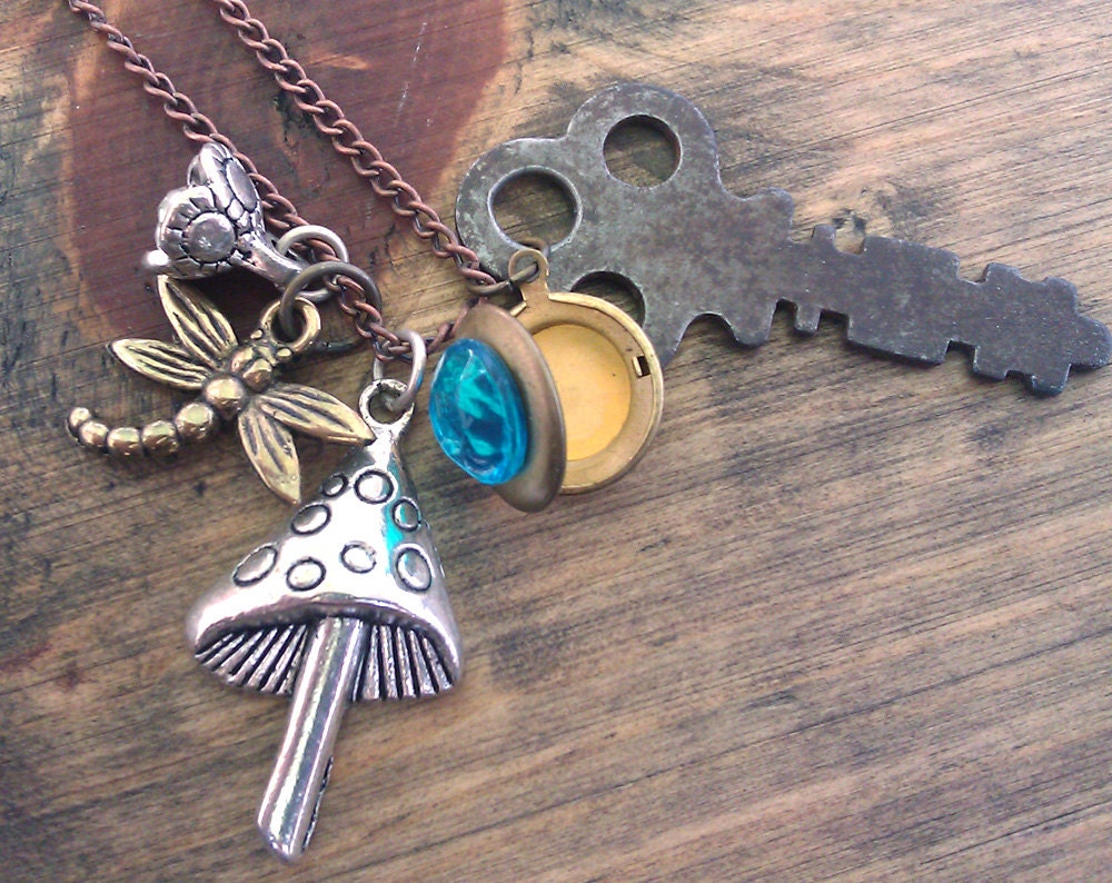 Gypsy Necklace Antiqued Key World Traveler Aquamarine Jewel Silver Mushroom Brass Locket Copper Chain Gold Dragonfly Rhinestone Flower