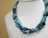 Handmade Double Strand Twisted Necklace with Purple, Teal, Black,and Turquoise Beads