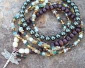 Dragonfly Charmed Pearl and Wood Bohemian Stack Bracelets                          - Swarovski Green Pearl, Wood and Glass Stretch Bracelet